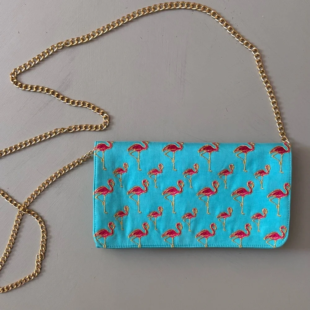 SHIRALEAH CHICAGO Satin Embroidered Flamingo Clutch Gold Chain Shoulder Bag - Picture 8 of 10